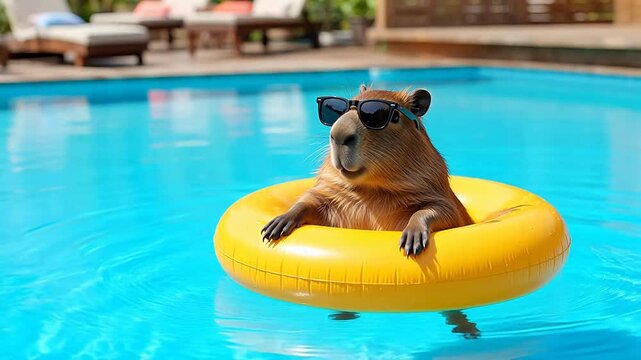 Capybara in pool with floatie
