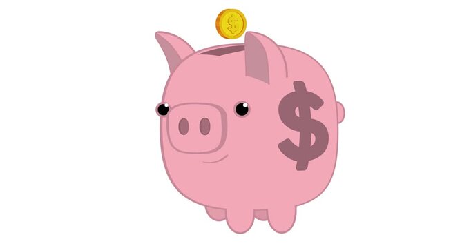 video of 2D animated piggy bank, on white background for editing, saving money, savings and investment concept