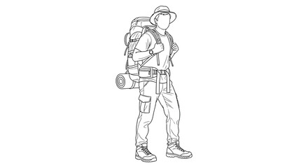 Obraz premium A black and white line drawing depicts a male hiker with a large backpack walking stick and various pouches and gear on his