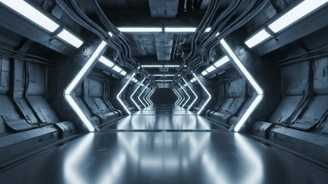 Journey into the digital void, a dark sci-fi tunnel illuminated by bright blue hexagonal neon lights. Use as a high-tech background or abstract motion graphic element.