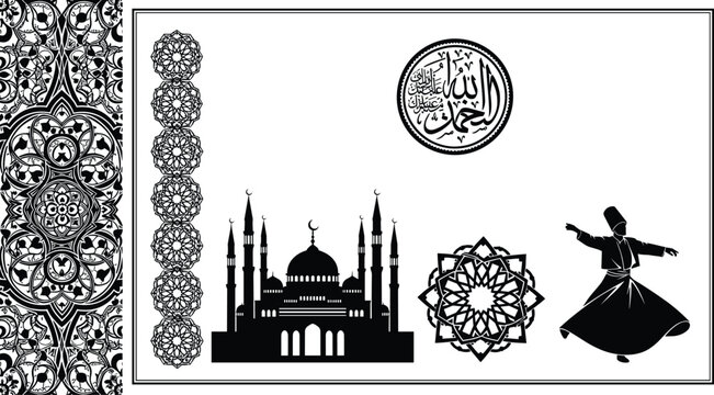 Islamic decorative art composition, mosque silhouette Arabic calligraphy Sufi whirling dervish geometric patterns, elegant black religious vector illustration design
