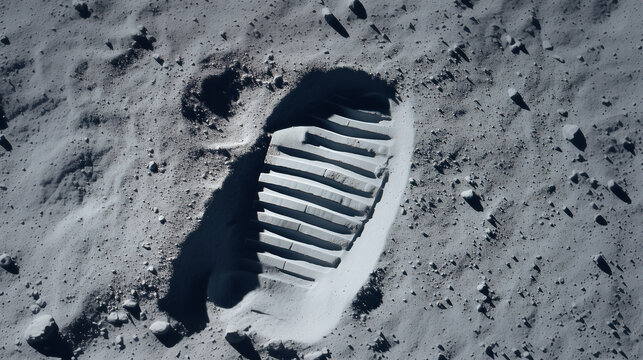 top-down macro-like shot of an astronaut bootprint on the Moon, deep imprint with clear ribbed tread marks, surrounding powdery lunar dust with fine granular structure and scattere