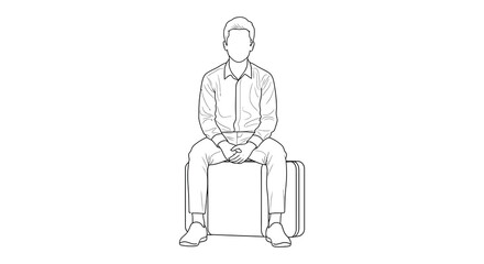 A black and white line drawing depicts a seated man wearing a button down shirt and trousers resting on a simple square stool or © ArtBySalea07