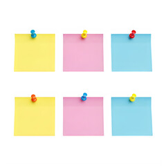 Six colorful sticky notes with pins on a white background isolated on transparent background