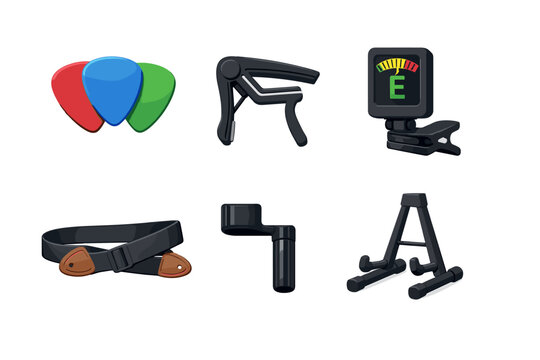 Collection of essential guitar accessories for musicians, including picks, capo, tuner, strap, and stand