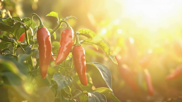 Growing chili peppers in a sunny garden during summer months with healthy green plants and vibrant red fruits on display