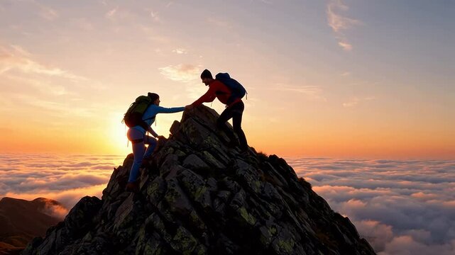 Two hikers assisting each other on mountain peak