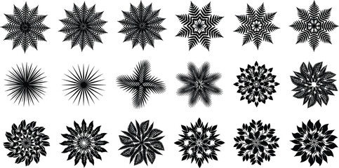 Black vector silhouette set of abstract floral mandalas featuring fern leaves and palm fronds in circular patterns for tropical branding nature and botanical design