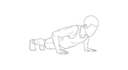 A black and white line drawing depicts a person performing a push up exercise showcasing proper form and body positioning during the workout