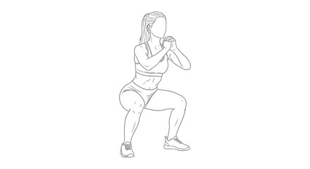 Obraz premium A black and white line drawing depicts a woman performing a squat exercise demonstrating proper form and fitness routine