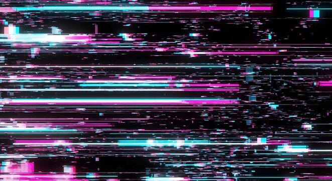 Digital Glitch Effect Abstract Background with Neon Lines.