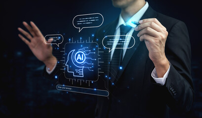 Fototapeta premium Futuristic concept of AI prompt engineering showing NLP AI neural processor unit converting text commands into intelligent AI responses. LLM, ASR conversational AI chatbot development, and NLP. Corpus