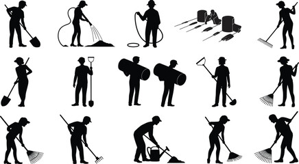 Black vector silhouette set of diverse gardeners and farmers using shovels rakes and hoses for backyard landscaping agriculture horticulture maintenance and professional garden branding design © Farzana