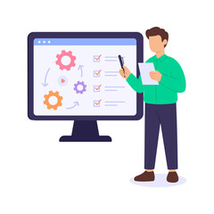 Routine Tasks, performing regular system maintenance activities, Flat vector character illustration