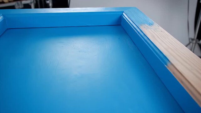 Close-up of a wooden frame being painted with bright blue color