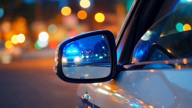 Car side mirror reflecting police lights