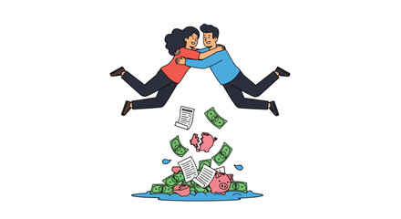 Happy Couple Hugging Above Money and Broken Piggy Bank Illustration