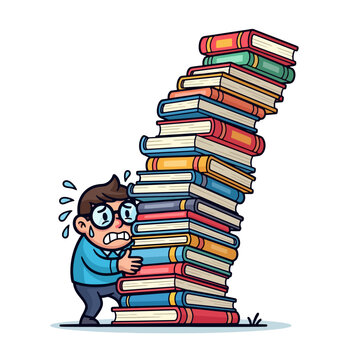 Cartoon man holding huge leaning stack of colorful textbooks and struggling.
