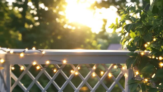 Bright summer sunlight behind white wooden fence decorated with string lights and green foliage on a beautiful day