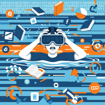 Person in VR Headset Drowning in Data and Digital Information