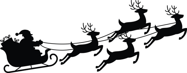 Santa Claus silhouette flying sleigh, reindeer pulling gifts, Christmas holiday icon, winter festive decoration, holiday season vector illustration © Creative Rejia