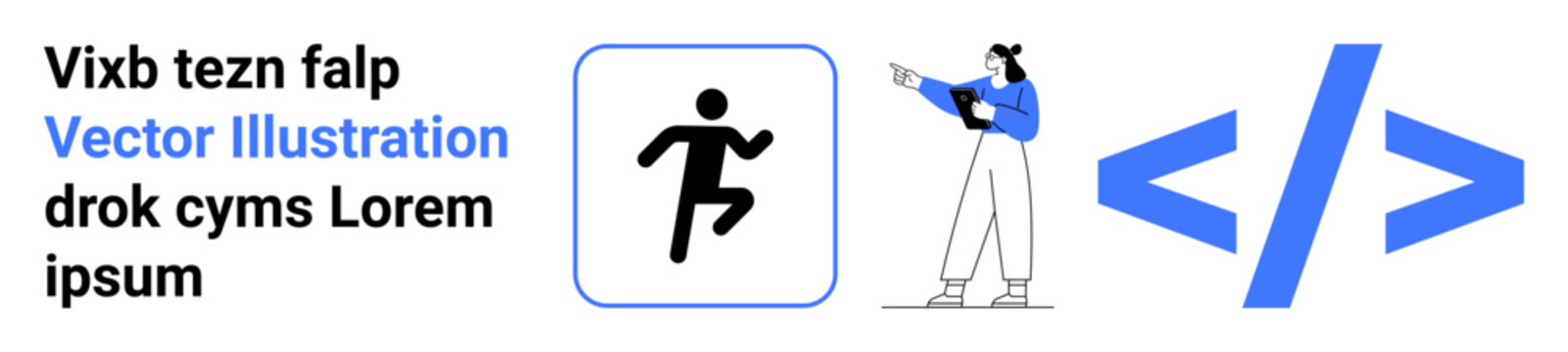 A coder pointing to code snippets with a text placeholder, running man icon, and code symbol. Ideal for web development, programming, coding tutorials, software engineering, IT consulting, education