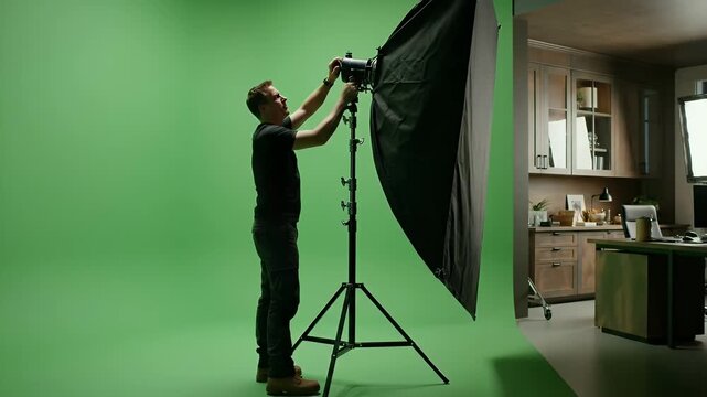 Man adjusts large studio light with softbox on green screen background