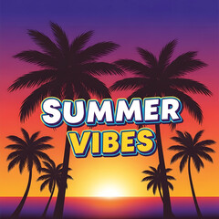 Obraz premium Summer vibes text with palm trees silhouettes at sunset beach background
