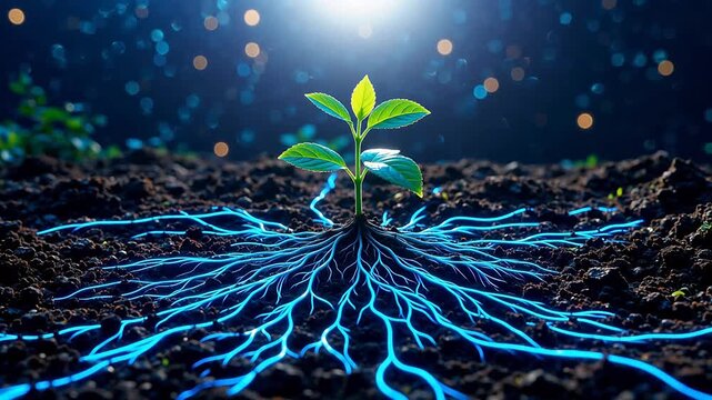 Seedling with glowing roots in soil