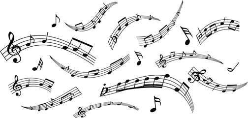 Scattered musical notes floating in a whimsical, abstract composition isolated on transparent background, Vector © jannat Stock