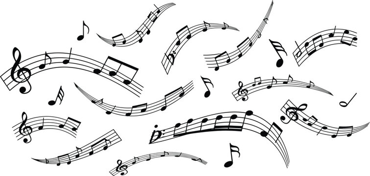 Scattered musical notes floating in a whimsical, abstract composition isolated on transparent background, Vector