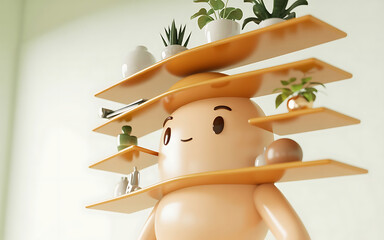 Fototapeta premium A cartoon character with a plant shelf on its head