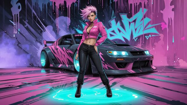 Young woman in pink outfit stands beside a modified car in a vibrant urban setting at night