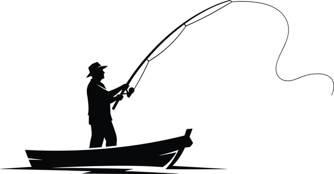 A solitary angler patiently casting a line into calm waters from a small boat isolated on transparent background, Vector