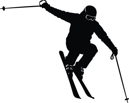Dynamic skier making a sharp turn on a snowy slope with ski poles extended. isolated on transparent background, Vector