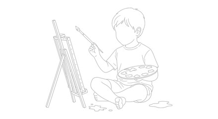 Fototapeta premium A black and white line drawing depicts a young boy seated and painting on an easel holding a paintbrush and palette