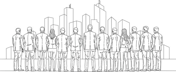 Minimalist line art vector illustration of a corporate business team standing together looking towards a modern city skyline.