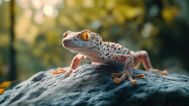 Geckos exploring a rock in a natural habitat during daylight