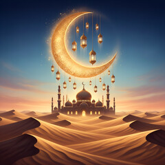 Islamic holiday of Eid al-Fitr, An Islamic mosque in the desert and a Ramadan moon with lantern above it