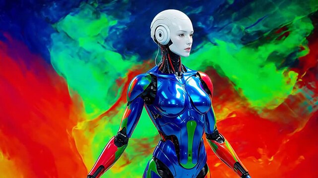 Futuristic female robot with colorful background