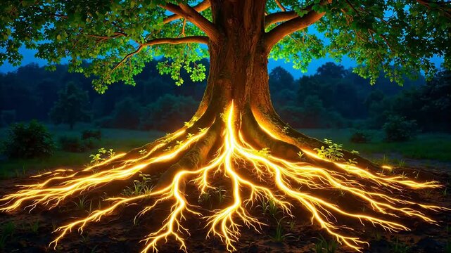 Glowing roots of a large tree