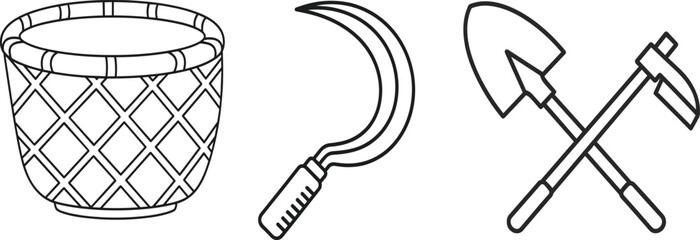 Woven basket harvest carrying, sickle curved blade cutting, shovel digging soil lifting, pickaxe breaking hard ground rocks, black and white farming illustration set © MSTESMOTARA