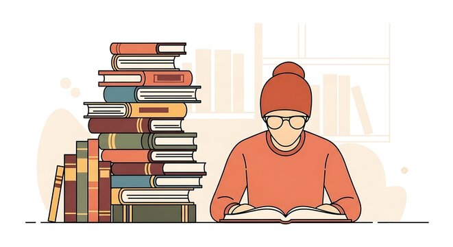 Person Reading Book Next to Huge Stack of Textbooks Illustration