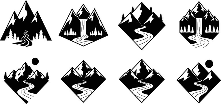 Snow capped mountain peaks rivers waterfalls, pine tree forest nature scenes, geometric shapes diamond hexagon frames, black and white outdoor landscape illustration artwork