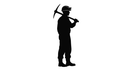 A miner stands with a pickaxe over his shoulder a dark silhouette © MDRAYHAN