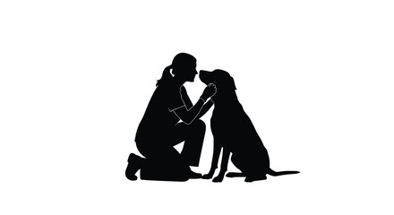 Woman kneeling and gently touching a dog a striking silhouette © MDRAYHAN