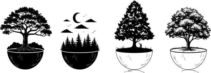 Stylized tree forest bowl shapes, coniferous night sky crescent moon, person reflection beneath tree, black and white nature preservation illustration artwork © MSTESMOTARA