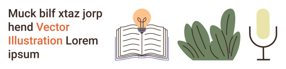 Education, creativity, podcasting, knowledge sharing, environmental , content creation. Open book with lightbulb, plants and microphone. Education and creativity concept © robu_s