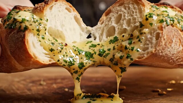 Hands pulling apart steaming hot garlic bread 4K Video