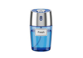 A blue and silver bottle of men's fragrance on a white background